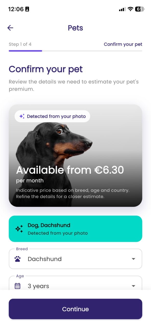 Objais app screen: confirm your pet's breed and see a monthly estimate