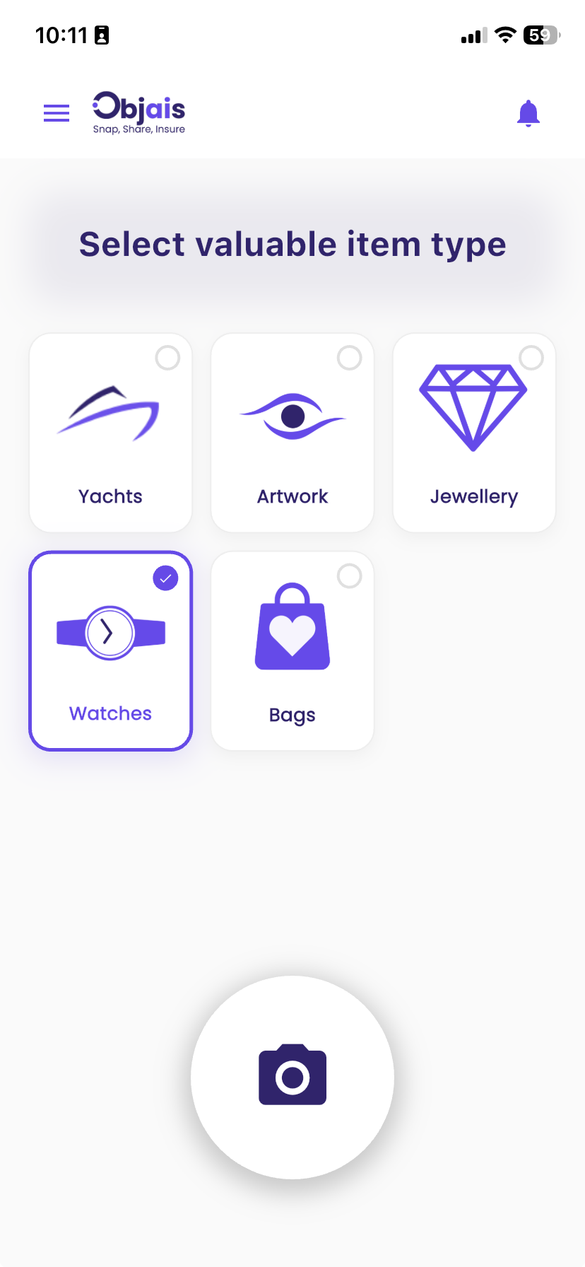 Select valuable item type — Artwork, Yacht, Watch, Jewellery